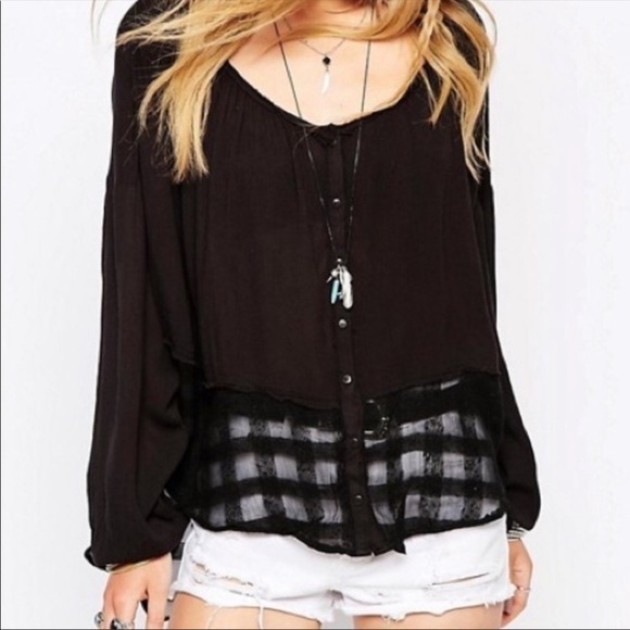 Free People Rainy Days Black Gauzy Swing Top Sheer Hem Button Down Size XS - Picture 1 of 8